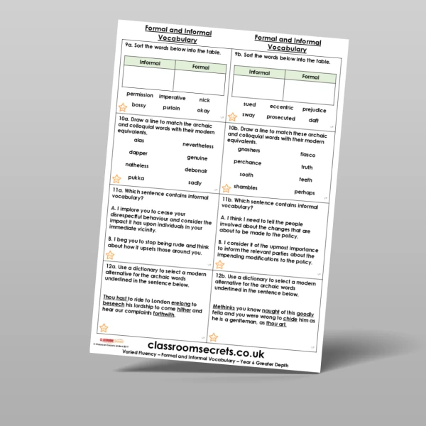 An image of the Formal and Informal Vocabulary Varied Fluency Resource