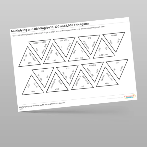 An image of the Multiplying and Dividing by 10, 100 and 1,000 Tri-Jigsaw Resource