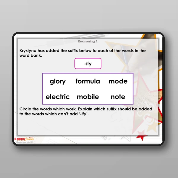An image of the Adding '-ate', '-ise' and '-ify' Modelling PPT Resource