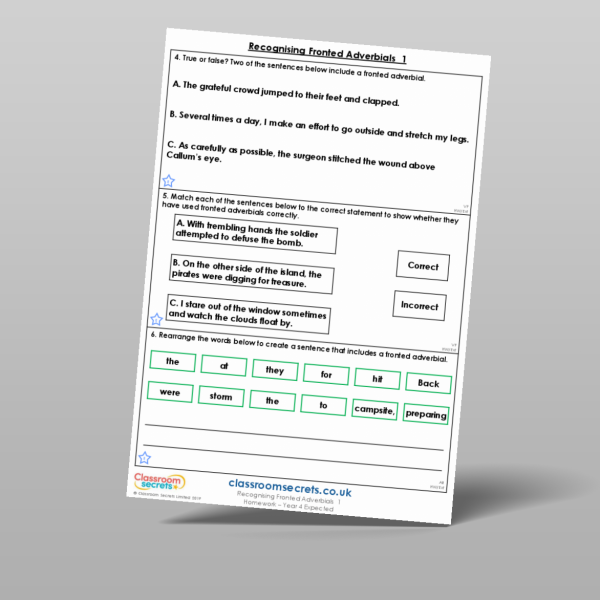 Year 4 Recognising Fronted Adverbials 1 Homework Resource | Classroom ...