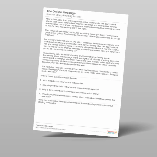 An image of the Internet Safety Reading Activity - The Online Message Resource