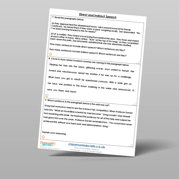 An image of the Direct and Indirect Speech Homework Resource