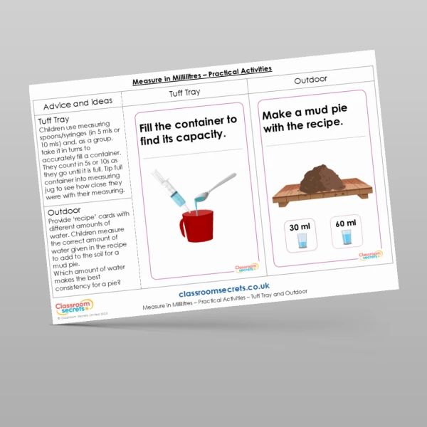 An image of the Measure in Millilitres Practical Activities Resource