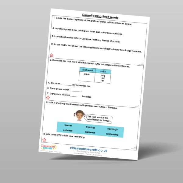 An image of the Consolidating Root Words Homework Resource