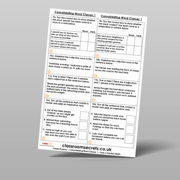 An image of the Consolidating Word Classes 1 Varied Fluency Resource