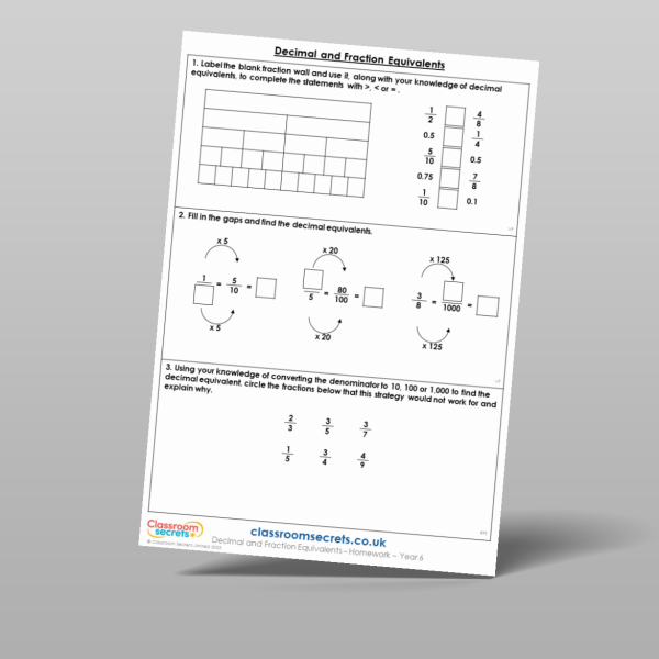 Year 6 Decimal And Fraction Equivalents Homework Resource | Classroom ...