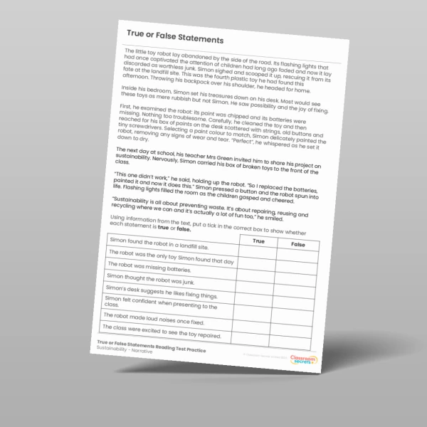 An image of the True or False Statements Reading Test Practice - Sustainability Resource