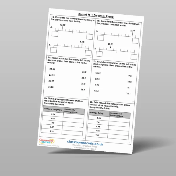 An image of the Round to 1 Decimal Place Varied Fluency Resource
