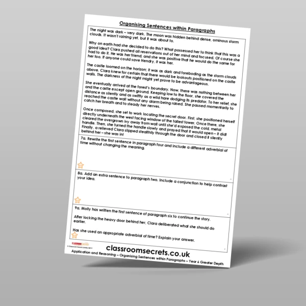 An image of the Organising Sentences within Paragraphs Application and Reasoning Resource