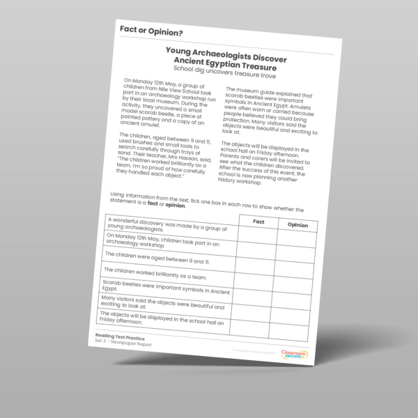 An image of the Fact or Opinion Reading Test Practice Egypt Resource