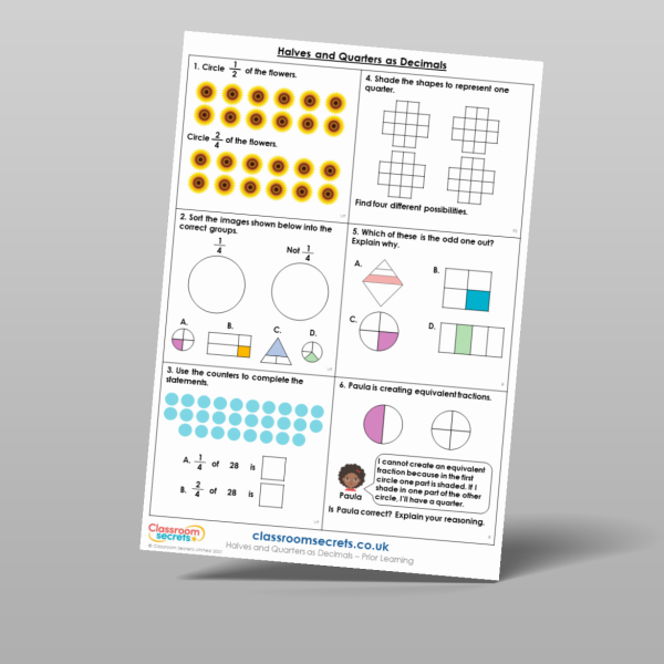 Year 4 Halves And Quarters As Decimals Prior Learning Resource ...