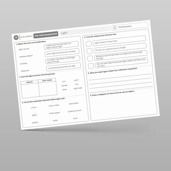 An image of the Light Pre-Unit Assessment Resource