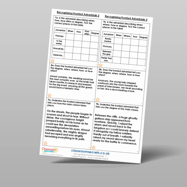 An image of the Recognising Fronted Adverbials 2 Varied Fluency Resource