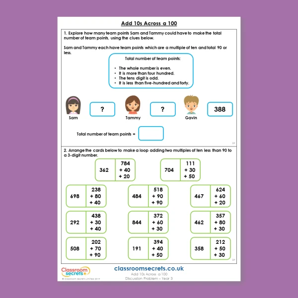 Year 3 Add 10s Across a 100 Addition and Subtraction Deeper Reasoning Discussion Problem