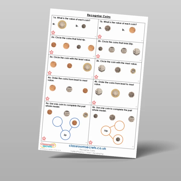 An image of the Recognise Coins Varied Fluency Resource