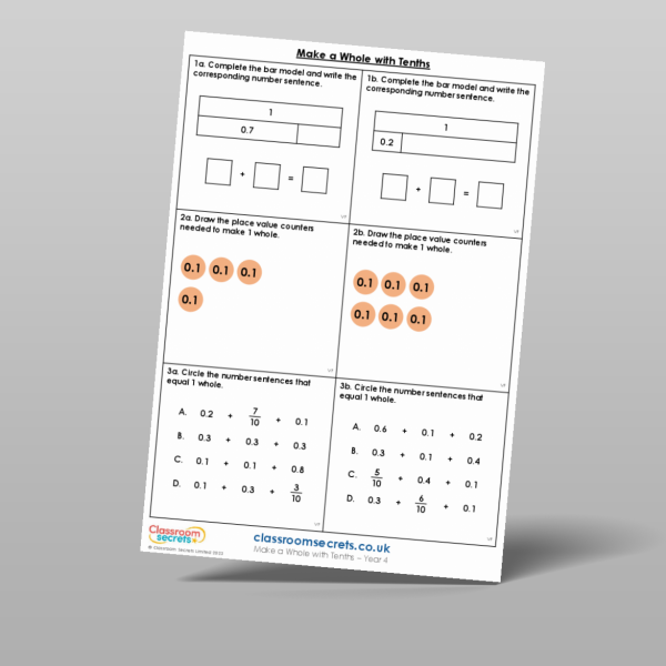 Year 4 Make A Whole With Tenths Varied Fluency Resource | Classroom Secrets