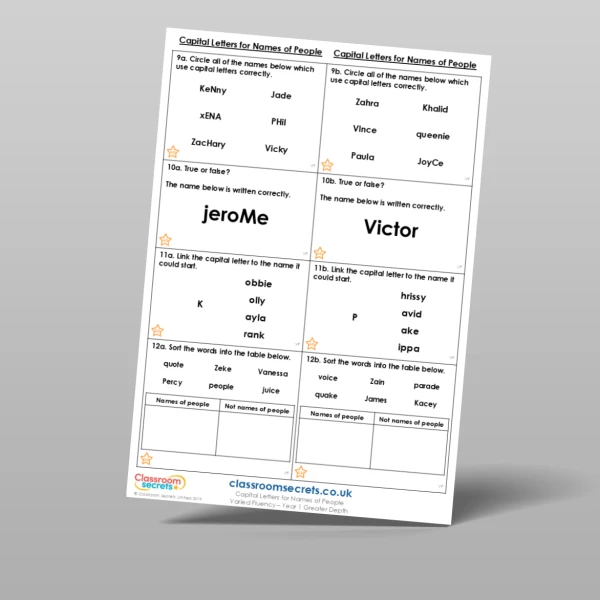 An image of the Capital Letters for Names of People Varied Fluency Resource