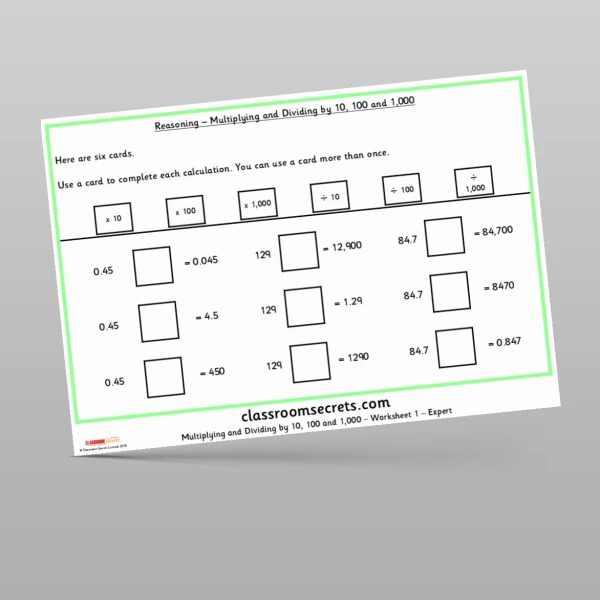 An image of the Multiplying and Dividing by 10, 100 and 1000 Reasoning Test Practice Resource