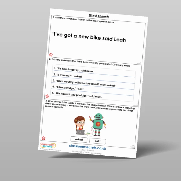 An image of the Direct Speech Homework Resource