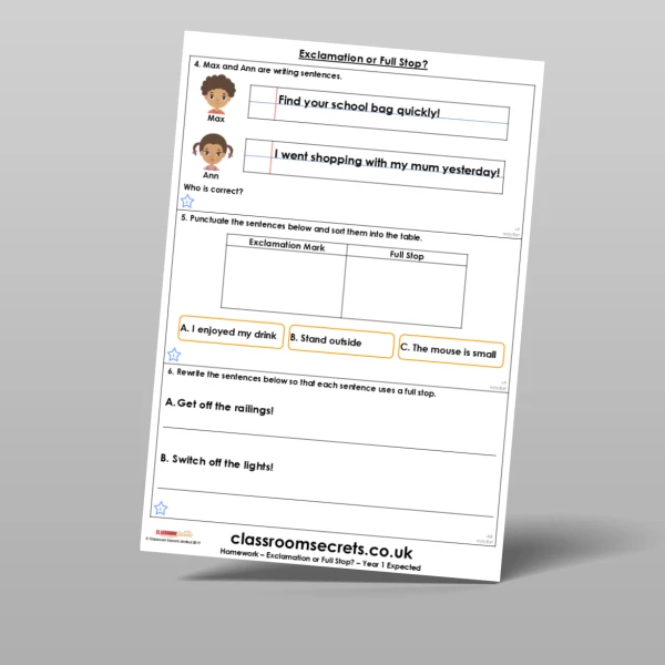 An image of the Exclamation or Full Stop? Homework Resource