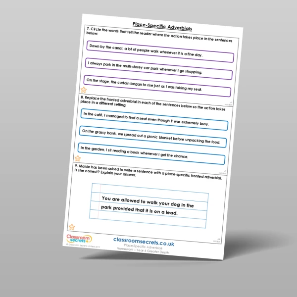 An image of the Place-Specific Adverbials Homework Resource