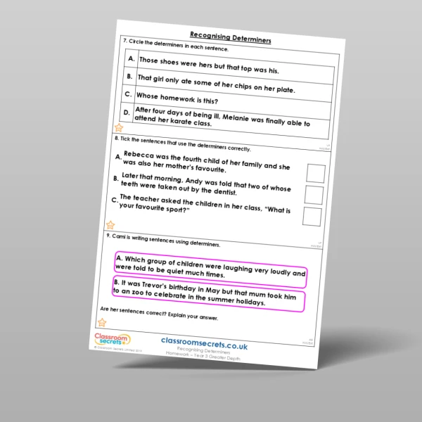 An image of the Recognising Determiners Homework Resource