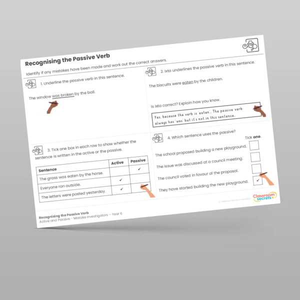An image of the Recognising the Passive Verb Mistake Investigators Resource