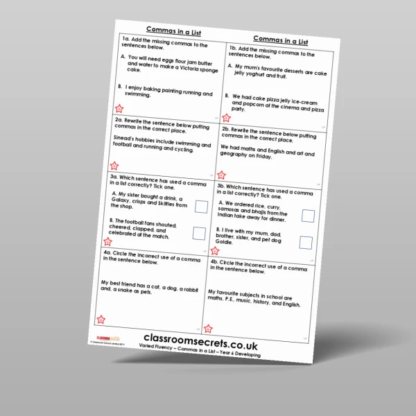 An image of the Free Commas in a List Varied Fluency Resource