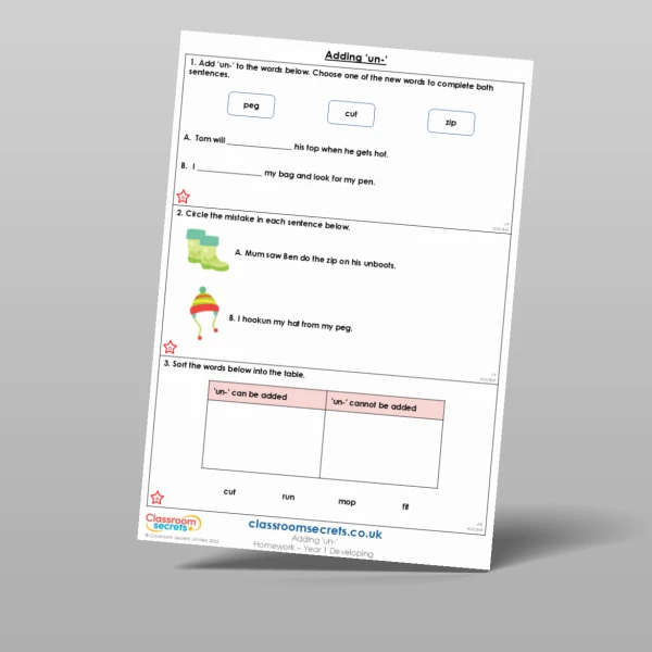 An image of the Adding ‘un-’ Homework Resource