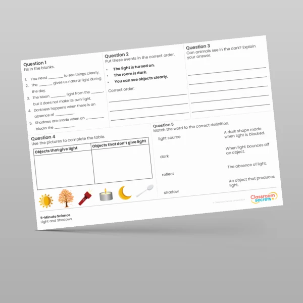 An image of the Light and Shadows 5-Minute Science Resource