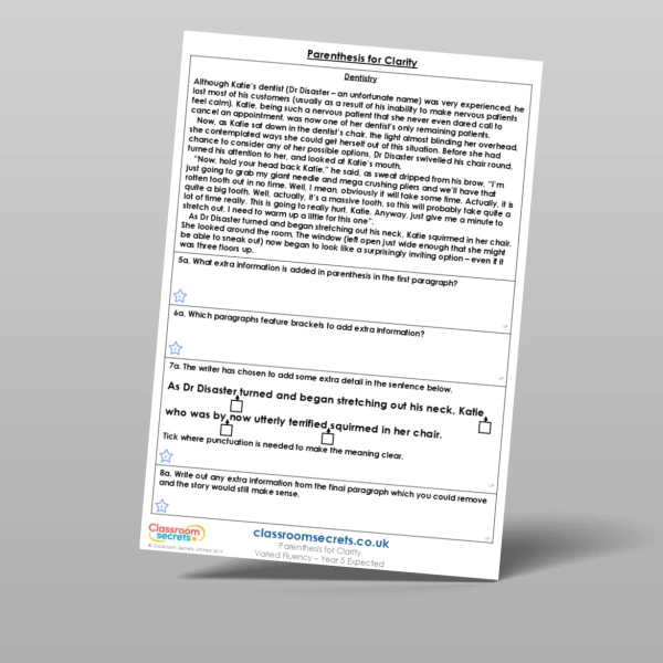 An image of the Parenthesis for Clarity Varied Fluency Resource
