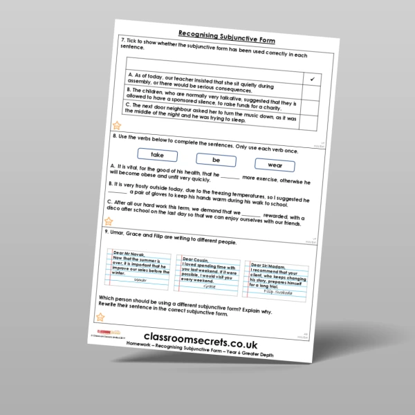 An image of the Recognising Subjunctive Form Homework Resource