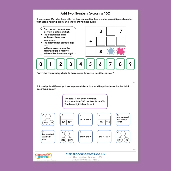 Year 3 Add Two Numbers (across a 100) Addition and Subtraction Deeper Reasoning Discussion Problem