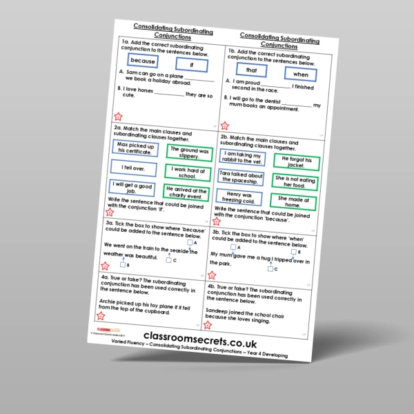 An image of the Consolidating Subordinating Conjunctions Varied Fluency Resource