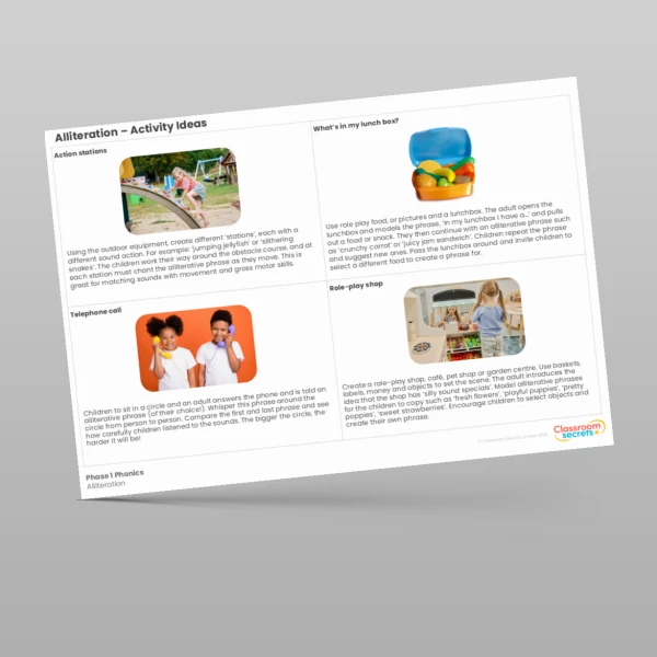 An image of the Phase 1 Phonics Alliteration Activity Ideas Resource