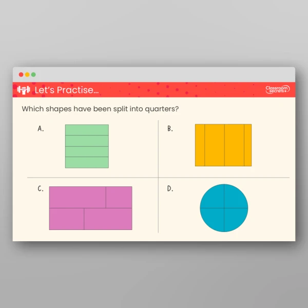 An image of the Recognise a Quarter of an Object or a Shape Teaching PPT Resource