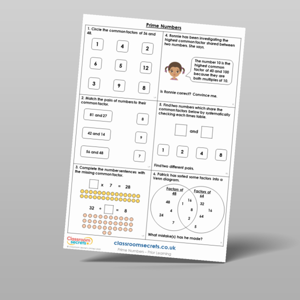 Year 5 Prime Numbers Prior Learning Resource | Classroom Secrets