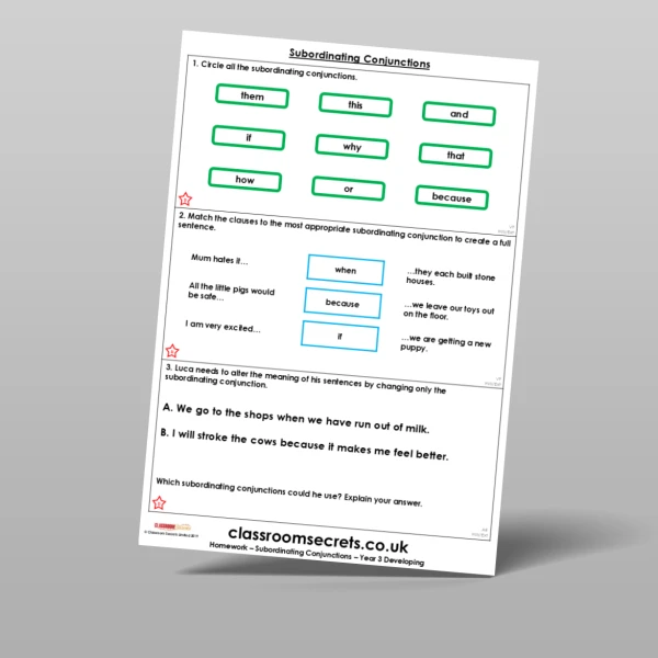 An image of the Subordinating Conjunctions Homework Resource