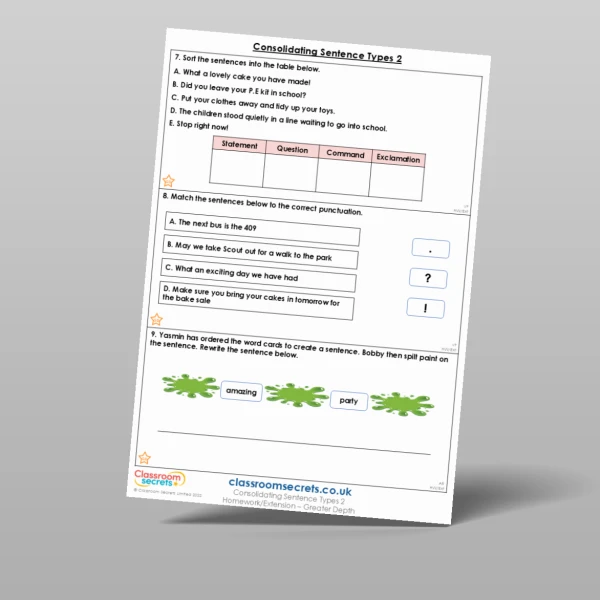 An image of the Consolidating Sentence Types 2 Homework Resource