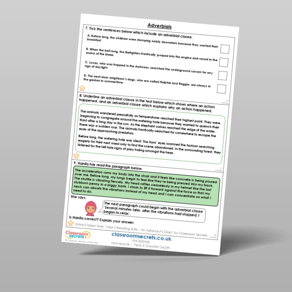 An image of the Adverbials Homework Resource