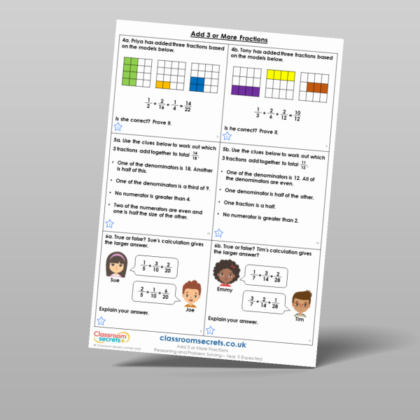 Year 5 Add 3 Or More Fractions Reasoning And Problem Solving Resource ...