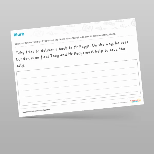An image of the Toby and the Great Fire of London Writing Unit Blurb and Book Review Resource