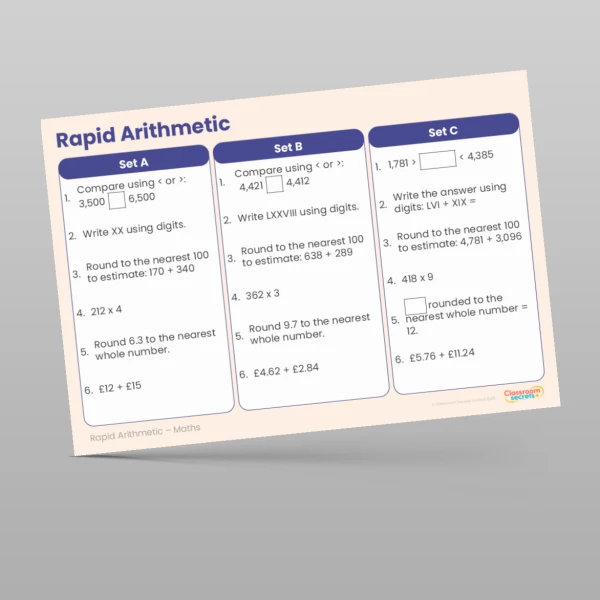An image of the Summer 2 Week 1 Rapid Arithmetic Resource