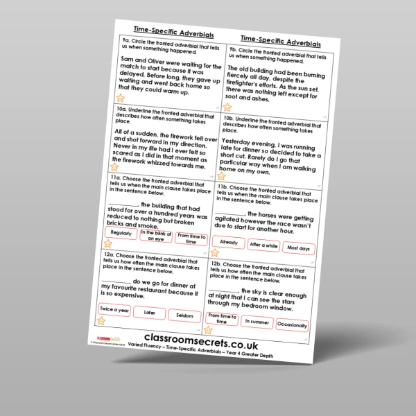 An image of the Time-Specific Adverbials Varied Fluency Resource