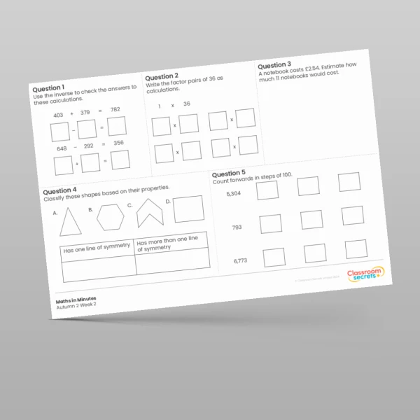 An image of the Autumn 2 Week 2 Maths in Minutes Resource