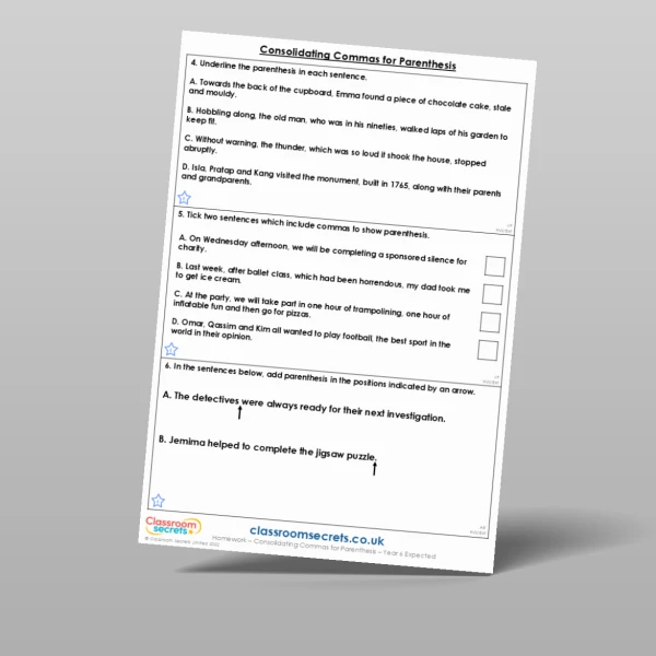 An image of the Consolidating Commas for Parenthesis Homework Resource
