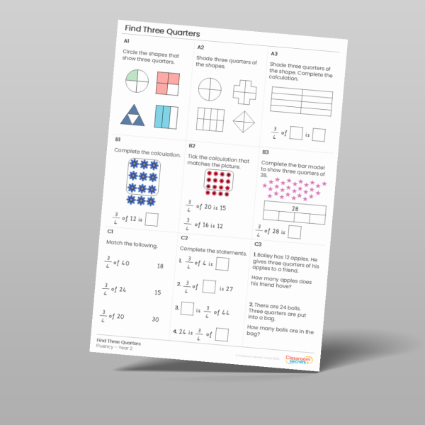 Year 2 Find Three Quarters Fluency Matrix Resource | Classroom Secrets