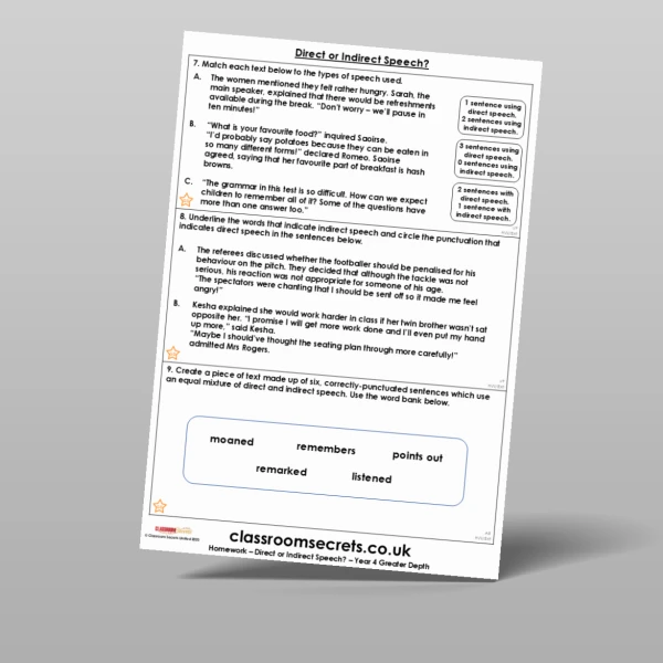 An image of the Direct or Indirect Speech? Homework Resource