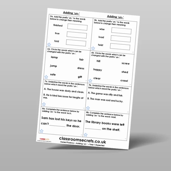 An image of the Adding 'un-' Varied Fluency Resource