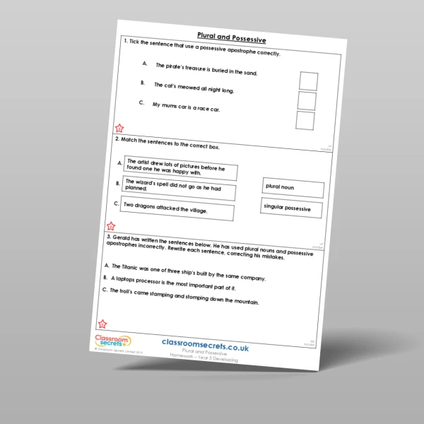 An image of the Plural and Possessive Homework Resource